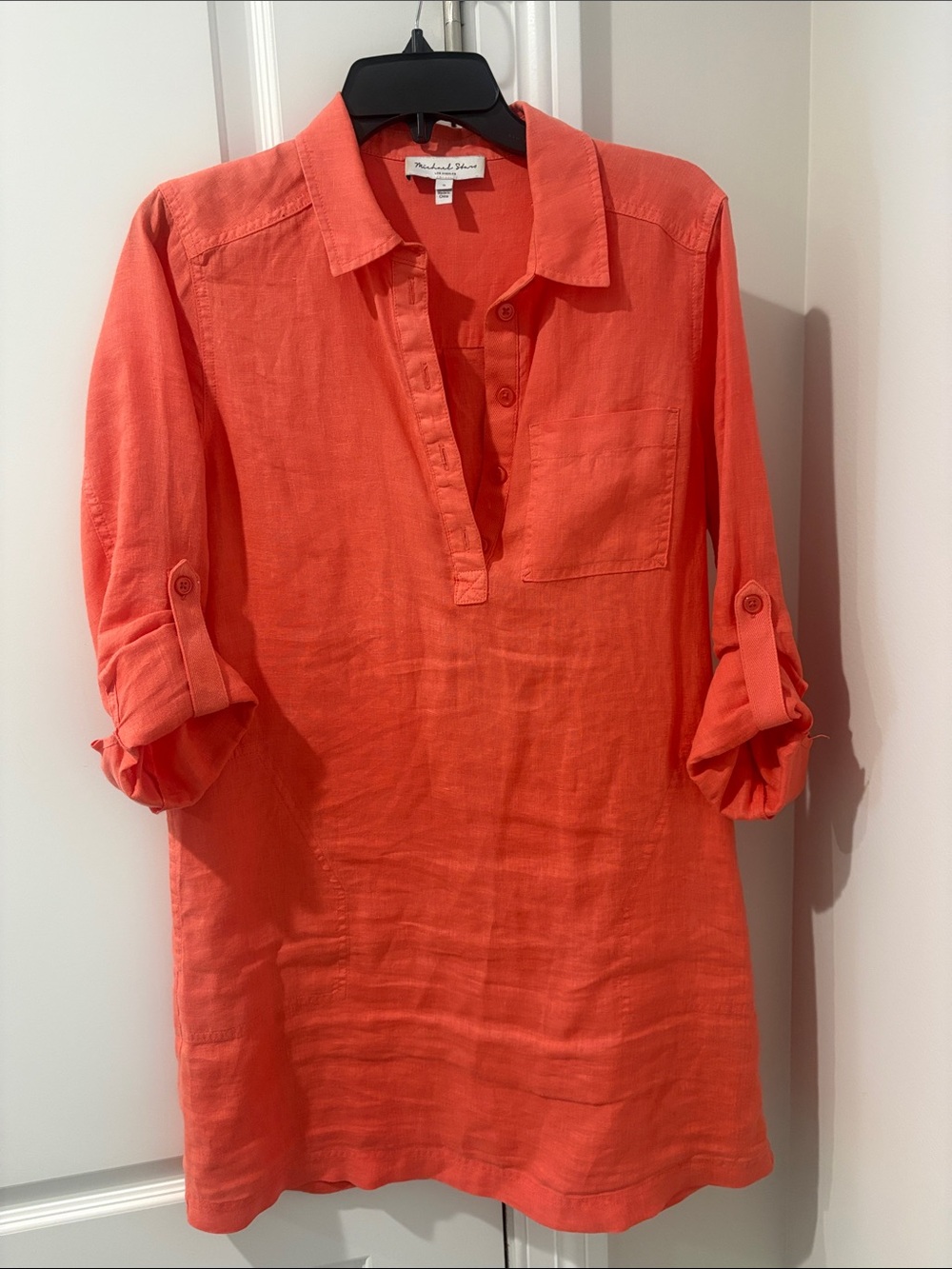 Michael Stars Bright Coral Button-Placket Linen Dress